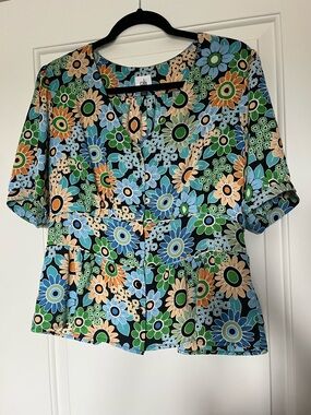 CAbi Floral Button-Front Top in Black, Blue, Green, Tan